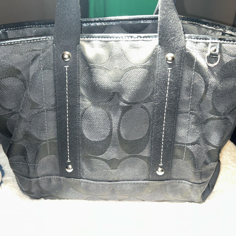 Coach F16552 Black Signature Tote Hot Pink Interior Zip Shoulder Bag